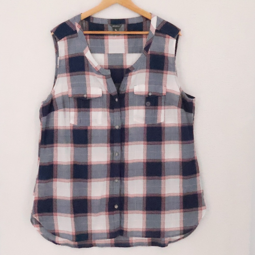 Eddie Bauer Plaid Sleeveless Button Down Shirt Womens Size XL Blue Red Western